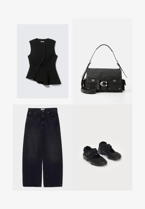 Črn brezrokavnik s asimetričnim robom, z rahlo teksturirano tkanino in surovimi robnimi detajli. Blagovna znamka: Weekday.; Široke črne jeans hlače iz denima s bakrenimi gumbi, dvema sprednjima žepoma in gladko teksturo. Čist dizajn s ravnim krojem.; Črne vodne čeveljce, izdelane iz fleksibilnega blaga, z Velcro trakom, ki se ponašajo z edinstvenim dizajnom razdeljenega prsta in teksturirano gumo podplata za boljši oprijem.; Črna usnjena torbica z zapiranjem na pokrov, srebrno strojno opremo, dvema sprednjima žepoma, kontrastnim šivom in snemnim naramnim trakom.; Srebrna Casio quartz ura s pravokotno/png-iskonsko obliko, analogno in digitalno prikazovanje, jekleni pas in vodoodporne funkcije.