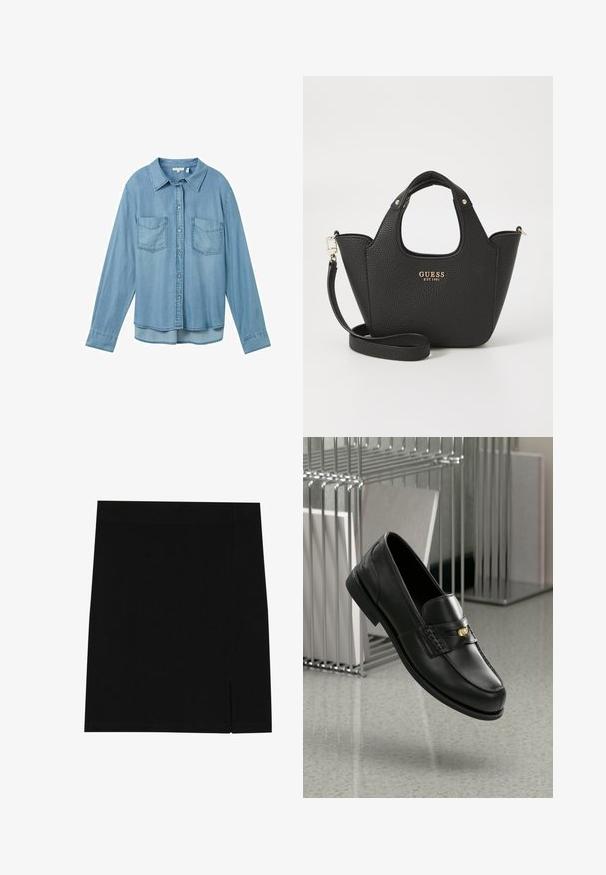 Svetlo modrá džínová košeľa s dlhými rukávmi, zapínaním na gombíky a dvomi prednými vreckami na nášivku. Má klasický golier a mierne zaoblený lem.; Čierna mini sukňa vyrobená z mäkkej tkaniny s priliehavým dizajnom, s jemným rozparkom na boku pre pridanie detailu.; Čierne kožené mokasíny s hladkým povrchom, s ozdobnou páskou a malým zlatým akcentom. Podrážka je plochá s zaoblenou špičkou.; Čierna textúrovaná kabelka s krátkymi uchami a odnímateľným ramenným popruhom. Vybavená zlatým logom. Kompaktný, štruktúrovaný tvar.