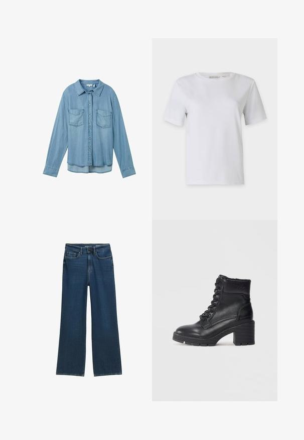 Šviesiai mėlynas džinsinis marškiniai su ilgomis rankovėmis, mygtukų uždarymu ir dviem priekinėmis kišenėmis. Yra klasikinis apykaklė ir šiek tiek kreivas apvadas.; Balta trumpa rankovėmis marškinėliai, pagaminti iš lygaus medvilnės. Turi apvalų iškirpimą ir tiesų apačią, be raštų ar dekoracijų.; Tamsiai mėlynos plačių kojų džinsai su penkių kišenių dizainu, mygtukų užsegimu ir subtiliais siuvimo detalėmis siūlėse.; Juodi odiniai auliniai batai iki kulkšnies su aukštu stačiakampiu kulnu, turintys šnerves priekyje, faktūruotą padą ir prekės ženklo detalę ant kulkšnies.