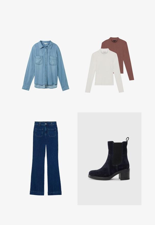 Lichtblauwe denim overhemd met lange mouwen, knoopsluiting en twee voorzakken. Heeft een klassiek kraag en een licht gebogen zoom.; Twee langmouw turtleneck tops: de ene in wit en de andere in roestbruin, gemaakt van lichte, rekbare stof met een slim fit ontwerp.; Donkerblauwe denim flared jeans met een gladde textuur, vijf zakken en een knoopsluiting aan de taille.; Marineblauwe suède enkellaars met elastische zijpaneel, ronde neus en blokhak. Gemêleerd weefsel en een gladde zool voegen contrast toe.