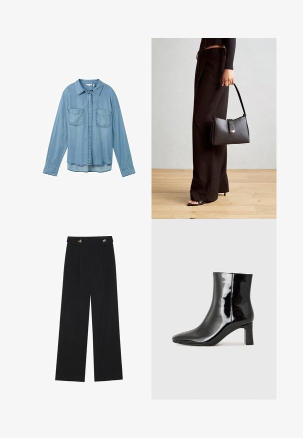Camisa de denim azul claro com mangas longas, fecho de botões e dois bolsos frontais tipo patch. Apresenta um colarinho clássico e uma barra ligeiramente curvada.; Calças largas pretas com cintura alta, detalhes em botão na cintura e pregas frontais.; Botim de tornozelo em pele sintética preta com bico apontado e salto bloco de altura média. Textura suave e design minimalista.; Bolsa preta com forma estruturada, textura suave e um fecho metálico. Combinada com calças largas pretas e sandálias de salto aberto sobre um chão de madeira.