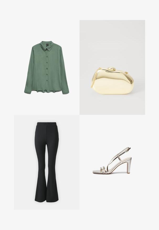 Langærmet skjorte i salviegrøn, lavet af glat stof. Har en spids krave, knaplukning foran og en let buet søm.; Sorte buks med flared design lavet af strækbart stof. Har en høj talje og et glat, tætsiddende design, der flared ud fra knæet og ned.; Metallic sølv højhælet sandal med åben tå, der har tre tynde stropper over foden og en ankelstrop med spænde.; Metallic guld clutch med en glat, rund form, udstyret med en topknap-lås og et lille kædehåndtag til bæring.