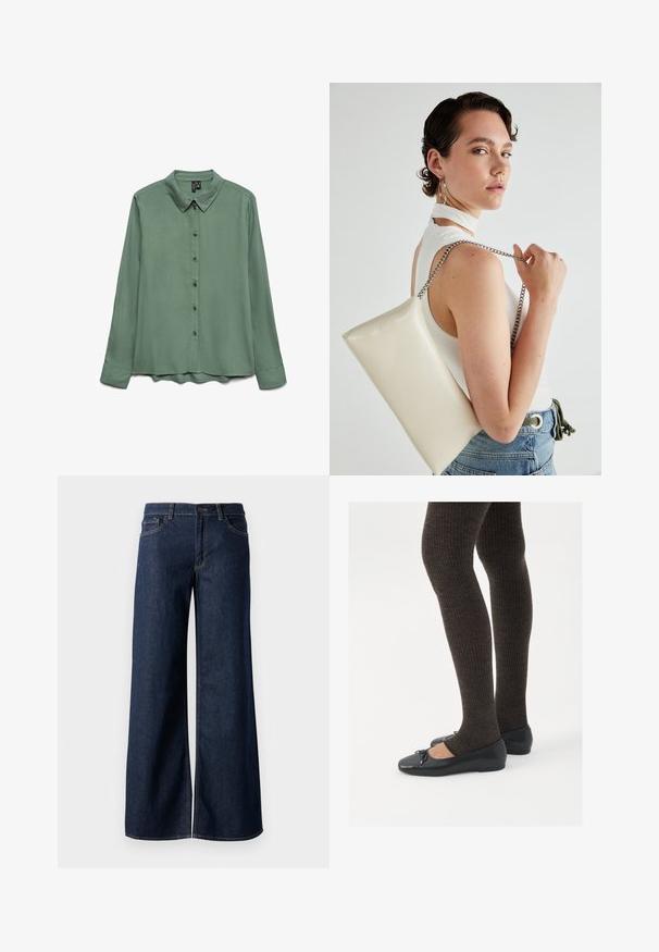 Langærmet skjorte i salviegrøn, lavet af glat stof. Har en spids krave, knaplukning foran og en let buet søm.; Bredde ben jeans i mørkeblå denim. Har kontrastsyninger, fem lommer og en knaplukning i taljen. Glat tekstur.; Sorte flade sko med en lille sløjfedetalje ved tåen, parret med mørkebrune ribbede strømpebukser. Skoene har en glat overflade og lav profil.; Hvid rektangulær clutch-taske lavet af skinnende materiale, med en sølv kædetransport. Modellen poser, mens hun fremviser tasken mod en ensfarvet baggrund.