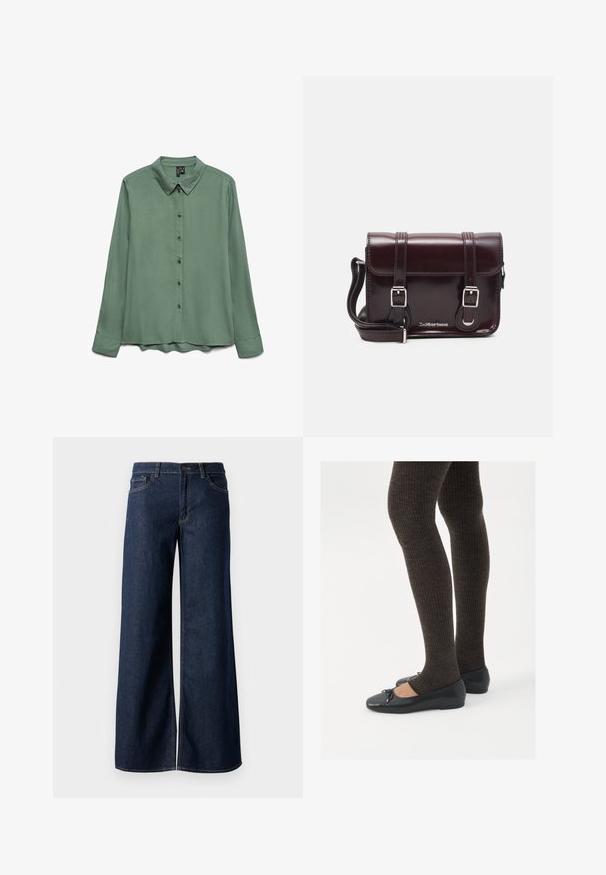 Majica z dolgimi rokavi v sagu zeleni barvi, izdelana iz gladkega blaga. Ima koničast ovratnik, zapenje na gumbe in rahlo ukrivljen rob.; Široke hlače iz temnega modrega denima. Imajo kontrastno šivanje, pet žepov in gumbasto zapiranje v pasu. Gladka tekstura.; Črne ravne čevlje z majhnim lokom na prstih, v kombinaciji s temno rjavimi rebrastimi nogavicami. Čevlji imajo gladko teksturo in nizko obliko.; Burgundska patentna usnjena torbica čez ramo z pravokotno obliko, dvema trakovoma, srebrno kovinsko opremo in zapiranjem na preklop.