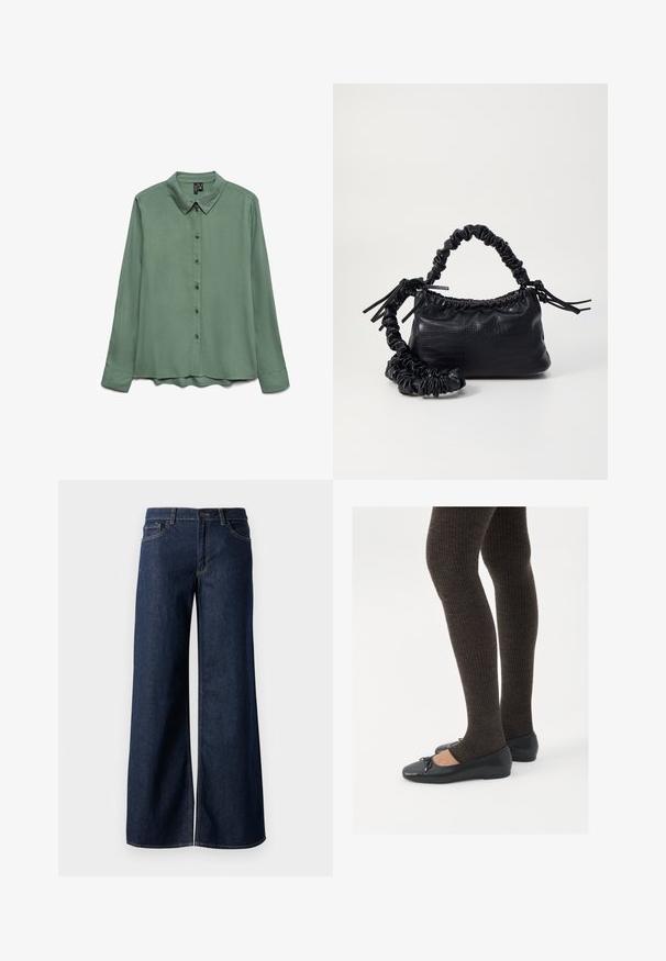 Chemise à manches longues en vert sauge, fabriquée en tissu lisse. Elle possède un col pointu, une fermeture à boutons et un ourlet légèrement arrondi.; Jean large en denim bleu foncé. Présente des coutures contrastées, cinq poches et une fermeture par bouton à la taille. Texture lisse.; Chaussures plates noires avec un petit nœud au niveau des orteils, associées à des collants côtelés marron foncé. Les chaussures ont une texture lisse et un profil bas.; Sac à main en simili cuir noir avec une texture crocodile, un dessus resserré et une sangle froncée. A l'apparence douce et compacte.