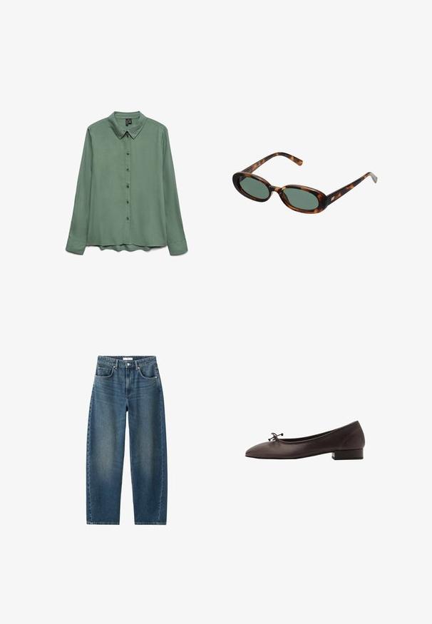 Long-sleeve shirt in sage green, made of smooth fabric. Features a pointed collar, button front, and a slightly curved hem.; Dark blue denim jeans with a straight leg, five-pocket design, and a classic button closure. Soft texture with subtle fading.; Brown leather ballet flat with a rounded toe and small block heel. Features a thin bow at the front and subtle stitching details.; Tortoiseshell sunglasses with oval frames and green lenses. Features thin arms with a metallic accent near the hinges.; Woven yellow handbag with a curved top handle and an unstructured shape. The textured surface features a crisscross pattern throughout.