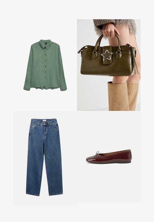 Long-sleeve shirt in sage green, made of smooth fabric. Features a pointed collar, button front, and a slightly curved hem.; Classic blue denim jeans with a straight-leg design, five pockets, and a button closure. Features a medium wash and sturdy texture.; Burgundy patent leather ballet flat with a rounded toe, small bow accent at the front, and a low, black rubber sole. Smooth texture.; Olive green faux leather handbag with silver star accent, dual handles, and a zip closure. Textured surface and structured shape.