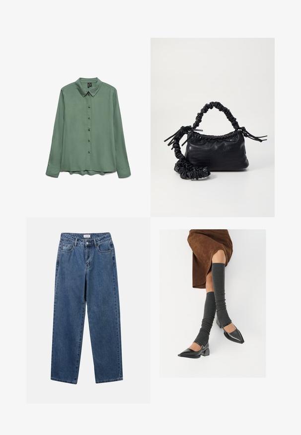 Koszula z długim rękawem w kolorze szałwii, wykonana z gładkiego materiału. Posiada wyłogi w kształcie kołnierzyka, zapięcie na guziki oraz lekko zaokrąglony dół.; Klasyczne niebieskie dżinsy o prostym kroju, pięć kieszeni i zapięcie na guzik. Charakteryzują się średnim odcieniem i solidną teksturą.; Czarne lakierowane buty na szpilce z prostokątnym obcasem i paskiem na kostce, zestawione z szarymi prążkowanymi ocieplaczami na nogi oraz brązową zamszową spódnicą.; Czarna torebka z syntetycznej skóry o teksturze krokodyla, z zaciąganym górnym zamknięciem i marszczonym paskiem. Wygląda na miękką i zwartą w designie.