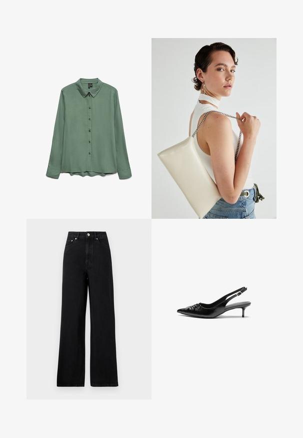 Majica z dolgimi rokavi v sagu zeleni barvi, izdelana iz gladkega blaga. Ima koničast ovratnik, zapenje na gumbe in rahlo ukrivljen rob.; Črne kavbojke visoke pasu s širokim krojem, ki imajo pet žepov in srebrne kovinske dodatke. Splošna gladka tekstura.; Črne usnjene slingback pete z izostrenim nosom, majhno mačje peto in okrasno vozličasto podrobnostjo na sprednjem delu. Gladka tekstura po celotni površini.; Bela pravokotna torbica za ključe iz sijajnega materiala, opremljena s srebrno verižico. Model pozira in prikazuje torbico na enobarvni podlagi.