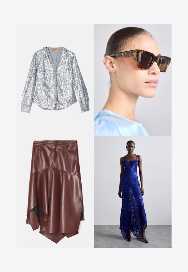 Srebrna kurtka z cekinami, z długimi rękawami, zapięciem na guziki i kołnierzem. Miękka podszewka i elastyczne mankiety o gładkiej fakturze.; Brąskowa spódnica z ekoskóry z rozkloszowanym, asymetrycznym dołem, z dwiema przednimi kieszeniami i gładką, błyszczącą fakturą.; Maxi sukienka w niebiesko-fioletowy wzór zwierzęcy, z cienkimi ramiączkami, dopasowanym gorsetem, rozkloszowanym dołem i przeźroczystymi detalami.; Okulary przeciwsłoneczne w kolorze żółwim z masywną, prostokątną oprawką. Ciemne soczewki i złote akcenty na zausznikach. Gładkie, błyszczące wykończenie.; Biała torebka kopertowa o teksturowej powierzchni z marszczeniem, z złotym łańcuszkiem. Gładkie wykończenie z delikatnymi falami i zaokrąglonymi krawędziami.