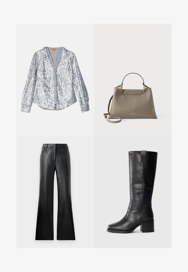 Giacca d'argento con paillettes, maniche lunghe, chiusura frontale con bottoni e colletto. Fodera interna morbida e polsini elasticizzati con una texture liscia.; Pantaloni neri in pelle a zampa d'elefante con una texture liscia, caratterizzati da due tasche frontali con dettagli neri e marroni vicino alla vita.; Stivali al ginocchio in pelle nera con una texture liscia, punta quadrata, tacco a blocco e linguetta laterale, caratterizzati da dettagli di cucitura minimi.; Borsa a mano in pelle grigia con texture, dotata di manico superiore e tracolla regolabile, caratterizzata da un design minimalista e da un marchio sobrio impresso sul davanti.