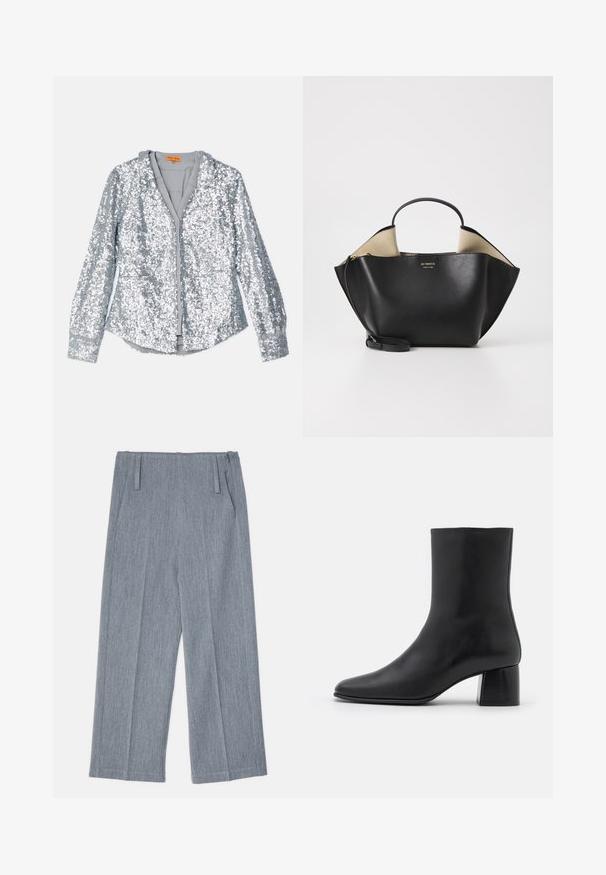 Silver sequin jacket with long sleeves, buttoned front, and a collar. Soft inner lining and elastic cuffs with a smooth texture.; Light gray, wide-leg trousers made of textured fabric, featuring two front pleats and two side pockets. Clean, tailored design.; Black leather ankle boot with a pointed toe and a chunky square heel. Smooth texture with a seamless design and minimalistic stitching.; Ree Projects ANN TOTE MINI - Handbag - black