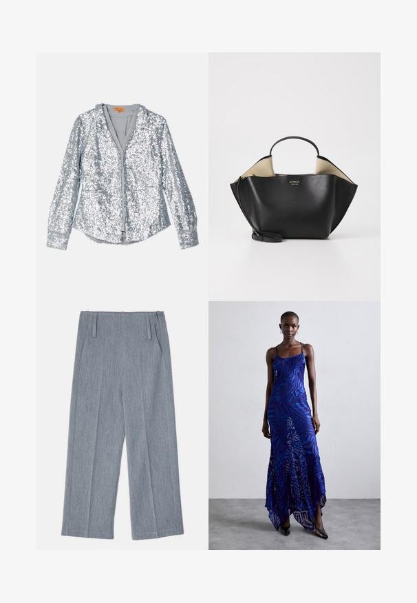 Chaqueta de lentejuelas plateadas con mangas largas, cierre frontal abotonado y cuello. Forro interior suave y puños elásticos con una textura lisa.; Pantalones de pierna ancha en gris claro, hechos de una tela texturizada, que presentan dos pliegues frontales y dos bolsillos laterales. Diseño limpio y a medida.; Vestido maxi de estampado animal en azul y morado con tirantes finos, un cuerpo ajustado, dobladillo acampanado y detalles de superposición transparente.; Ree Projects ANN TOTE MINI - Bolso de mano - black
