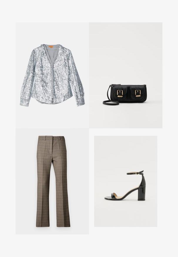 Chaqueta de lentejuelas plateadas con mangas largas, cierre frontal abotonado y cuello. Forro interior suave y puños elásticos con una textura lisa.; Pantalones a cuadros marrones con corte recto, que presentan una tela texturizada y colores sutiles de beige y marrones oscuros a lo largo del patrón.; Sandalia de charol negro con tacón ancho, punta abierta y correa en el tobillo que cuenta con una hebilla dorada. Textura suave y diseño elegante.; Bolso cruzado de cuero negro con dos bolsillos frontales, hebillas doradas, cierre de cremallera y una correa delgada. Superficie texturizada y forma rectangular compacta.