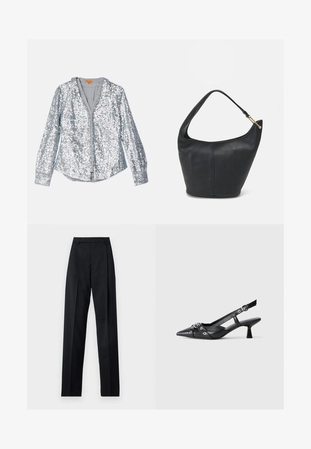 Silver sequin jacket with long sleeves, buttoned front, and a collar. Soft inner lining and elastic cuffs with a smooth texture.; Black trousers made from smooth fabric featuring a high waist, wide legs, front pleats, and classic belt loops. No side pockets visible.; Black leather slingback shoe with a pointed toe, decorative straps featuring metal eyelets, and a low block heel. Textured surface.; Black leather handbag with a rounded shape, a wide strap, and a textured finish. Features a subtle seam detail and a gold-tone hardware accent.
