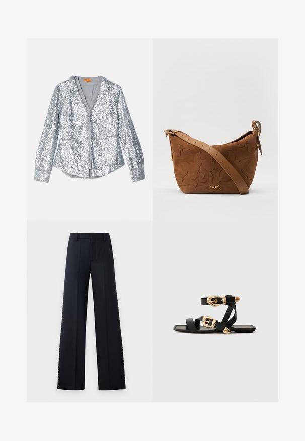 Silverfärgad paljettjacka med lång ärm, knäppt front och krage. Mjuk innerfoder och elastiska manschetter med en slät textur.; Breda byxor i svart. Skräddarsydd passform med en jämn yta. Har en rad av metallnitar längs sidsömmarna för detaljer.; Svarta lädersandaler med guldspännen, med flera remmar och platt såldesign för öppna tår.; Brun mocka axelväska med präglande blommönster, kompletterad med ett slätt brunt läderhandtag och akcenter i guldton.