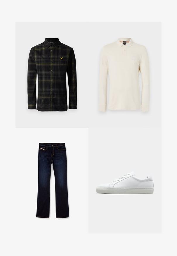 Svart, langermet skjorte med knapper, i et gult og grått rutemønster, med krage og en liten gul brodert fuglelogo på brystet.; Langermet polo skjorte i lys beige, laget av glatt stoff, med polo krage, to knappelukking, og en liten logo lapp på brystet.; Mørkeblå denimjeans med rette ben, med oransje sømmer, glidelås og frontlommer. Glatt tekstur og standard linning.; Hvit sneakers med en glatt skinnoverdel og lav profil. Har en rund tå, seks snøring hull, og en teksturert gummisåle.