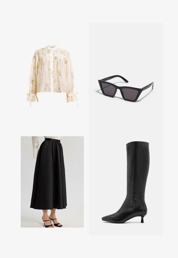 Lagana kremasta bluza s cvjetnim uzorkom, visokim ovratnikom, prednjim kopčanjem na gumbe, otvorenim ramenima i volanima na rukavima i ovratniku.; Crna maksi suknja od glatkog materijala, sa naboranim pojasom i lepršavim dizajnom, uparena sa crnim sandalama na visoku petu.; Zign Čizme - black; Crne, uglaste sunčane naočale sa sivoj lećama; izrađene od plastike, imaju debele nogice s glatkom površinom i bez vidljivih metalnih dijelova.