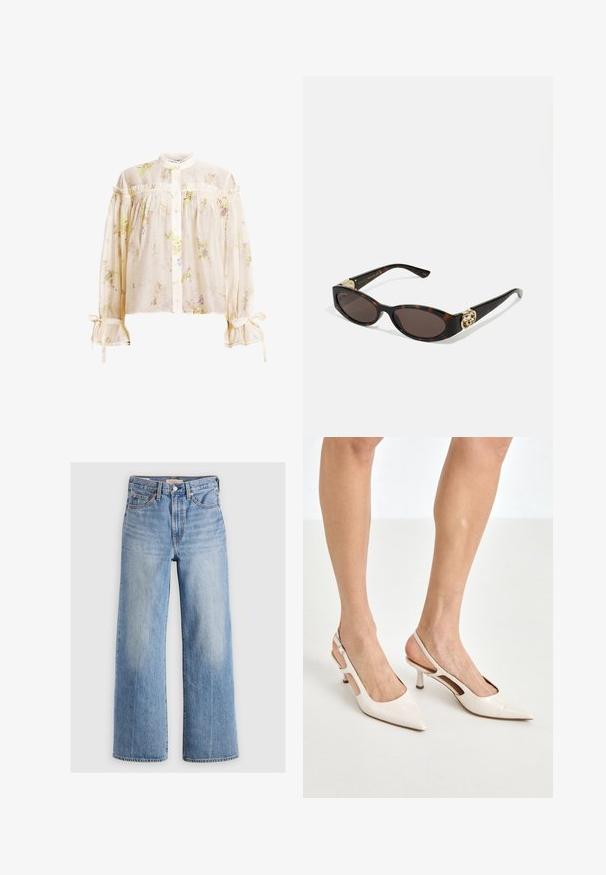Let bluse i cremefarve med blomsterprint, høj hals, knaplukning foran, skulderfri design og flæsedetaljer på ærmer og krave.; Lys blå denim vid-leg jeans med høj talje, udvaskede områder, fem lommer og kontrastsyede detaljer. Klassisk knap- og lynlåslukning.; Beige patenterede læder slingback hæle med spids tå og 5 cm hæl, med udskårne sider og en tynd ankelrem.; Skildpaddemønster solbriller med aflange ovale linser, brun farve, guldlogo accenter på stængerne og slanke sorte arme.; Beige mønsteret taske med en buet form, læderdetaljer og et guldtonet logo på fronten. Har et kort håndtag for nem bæring.