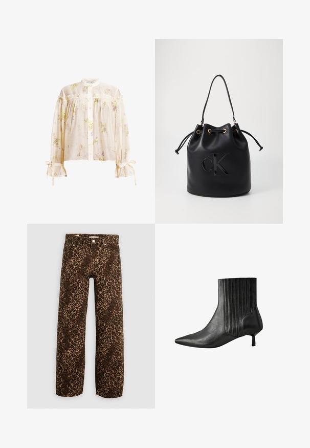Ľahká krémová blúzka s kvetinovým vzorom, vysokým golierom, zapínaním na gombíky vpredu, odhalenými ramenami a volánikovými detailmi na rukávoch a golieri.; Džínsy s potlačou leopardieho vzoru, široké nohavice v hnedej a béžovej farbe. Vyrobené z denimu, s klasickým dizajnom piatich vreciek a kovovými detailmi.; Čierne kožené členkové čižmy s špicatou špičkou, ribbeným bočným dizajnom a nízkym štvorcovým podpätkom. Hladká textura s lesklým povrchom.; Čierna kožená vedierková taška so sťahovacím uzáverom, so lesklým logom "CK" na prednej strane a zlatými kovovými detailmi.