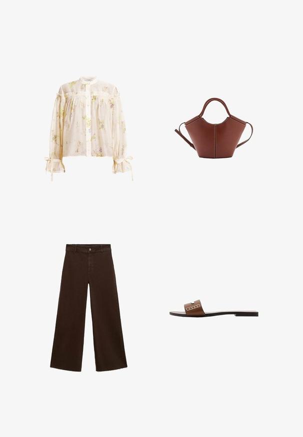 Lagana kremasta bluza s cvjetnim uzorkom, visokim ovratnikom, prednjim kopčanjem na gumbe, otvorenim ramenima i volanima na rukavima i ovratniku.; Smeđe široke hlače od pamuka, s raspucanim rubom, prednjim kopčanjem na dugme i klasičnim dizajnom s pet džepova. Minimalističke i svestrane.; Smeđe kožne sandale s ravnim potplatom, s širokom trakom i bijelim geometrijskim naglascima za minimalistički dizajn.; Smeđa kožna torba koničnog oblika, čvrste ručke i kontrastnog bijelog šava. Sadrži odvojivi remen za rame radi svestranosti.