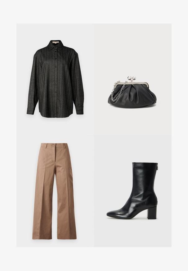 Cămașă cu dungi negre și gri, cu mâneci lungi, front cu nasturi și guler clasic. Realizată dintr-un material texturat, cu o croială relaxată.; Pantaloni largi de culoare maronie, confecționați dintr-un material neted, având o închidere cu nasture în față, două buzunare frontale și linii curate, croite.; Botină din piele neagră, cu vârf ascuțit și toc bloc de 4 cm. Design elegant, cu un fermoar lateral pentru o îmbrăcare ușoară. Textură netedă.; Clutch din piele neagră cu textură plisată, cadru din metal de ton argintiu, închidere tip kiss-lock și curea din lanț. Suprafață netedă și moale.