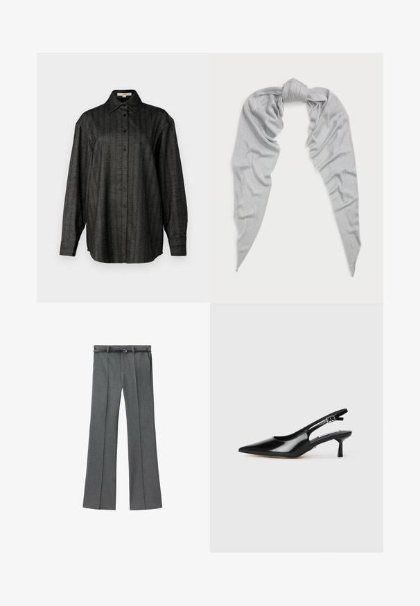 Black and gray striped shirt with long sleeves, button-down front, and a classic collar. Made from textured fabric with a relaxed fit.; Gray tailored trousers with a straight leg design, lightweight fabric, belt loops, and a narrow belt featuring a silver buckle.; Black patent leather slingback heels with a pointed toe, thin heel, and adjustable buckle strap. Smooth texture with minimal detailing.; Silver scarf made from a soft, textured fabric. Features a knotted center and elongated, tapered ends with a subtle sheen.
