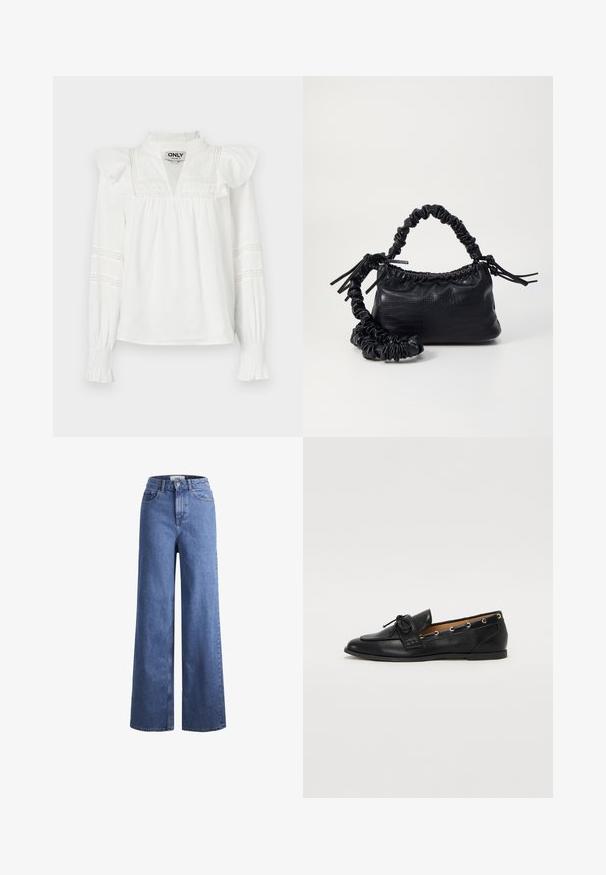 Balta ilga rankovė bliusonė su raukiniais ant pečių, iškirpte su plyšiu ir dekoratyvine nėrinių apdaila ant rankovių. Minkšta, lengva medžiaga.; Šviesiai mėlynos džinsinės kelnės plačiu sijonu ir aukštu liemeniu, su dviem priekinių kišenių ir matomu siuvimu. Su mygtuko ir užtrauktuko uždarymu.; Juodi odiniai loafai su surišta mazgeliu, su auksinėmis akytėmis šoninėse dalyse ir plokščiu guminiu padu. Lygus paviršius, klasikinis dizainas.; Juodas dirbtinės odos rankinė su krokodilo tekstūra, sušnibždinta viršuje ir susikraipytu dirželiu. Atrodo minkšta ir kompaktiška.