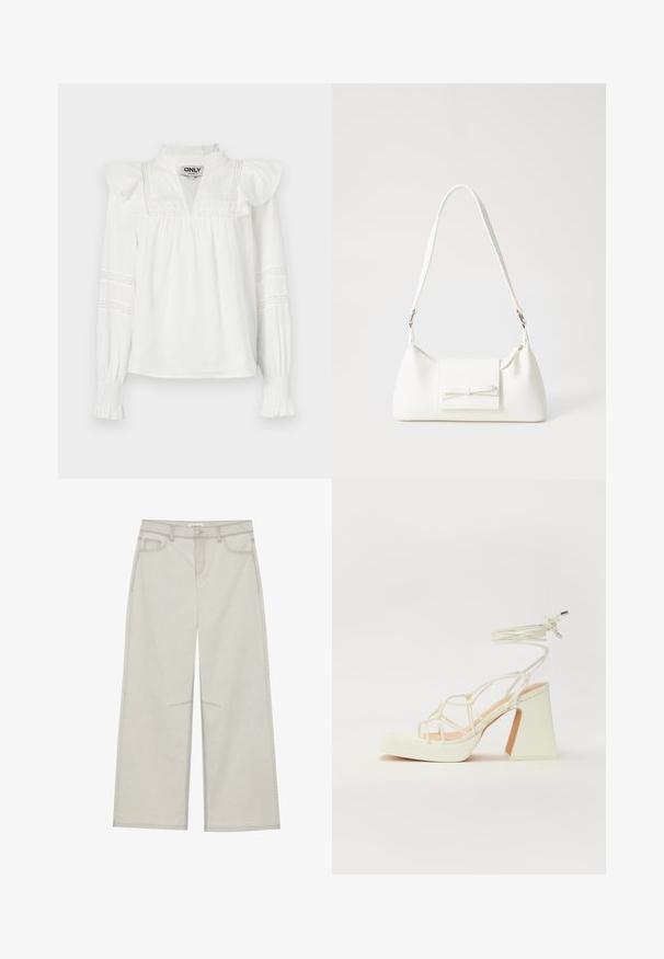 Bílá blůza s dlouhým rukávem, volány na ramenou, výstřihem do V a ozdobnou krajkovou aplikací na rukávech. Měkká, lehká tkanina.; Světle šedé kalhoty s širokými nohavicemi, pěti kapsami, předním zapínáním na knoflík a kontrastním stehem podél švů. Materiál vypadá jemně a odolně.; Bílé sandály na vysokém podpatku s robustním podpatkem, s designem s pásky a zavazováním kolem kotníku. Hladký povrch s platformou vpředu pro zvýšení výšky.; Bílá syntetická kabelka v trojúhelníkovém tvaru, s plochým předním klopným víkem a detailem mašle, nastavitelným popruhem, hladkým povrchem a minimalistickým designem.