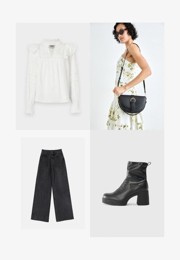 Bela bluzica z dolgimi rokavi z naborki na ramenih, izrezom v obliki U, in okrasnimi čipkastimi detajli na rokavih. Mehka, lahka tkanina.; Črne široke denim hlače z visokim pasom, klasičen pet-pocket dizajn in subtilno zbledelo videz. Trpežen material z gladko teksturo.; Črne gležnjarje iz gladke kože z božnim zadrgo, masivnim teksturiranim peto in zaobljeno obliko prstov.; Črna usnjena torbica s ukrivljeno obliko, z odstranljivo naramnico in zlatimi dodatki. Torbica ima pokrov s podrobnostmi v obliki zaponke.