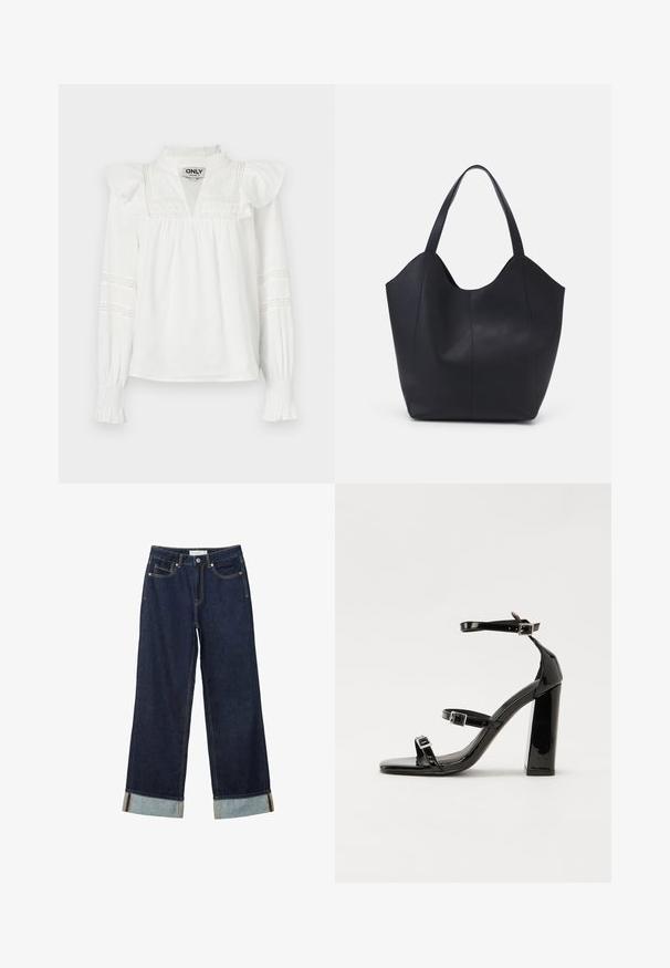 Valkoinen pitkähihainen paita, jossa on röyhelöiset olkapäät, lovikaulus ja koristeelliset pitsiyksityiskohdat hihoissa. Pehmeä, kevyt kangas.; Tummansinisiä leveälahkeisia farkkuja, joissa on korkea vyötärö, käännetyt lahkeet, kontrastiväriset ompeleet ja viisi taskua. Valmistettu denim-kankaasta.; Musta kiiltävä korkokenkä sandaalit neliönmuotoisella varpaalla, nilkkaremmillä ja hopeisilla soljilla. Varustettu tukevalla lohkokorkealla vakauden takaamiseksi.; Mustat kangaskassit, jotka on valmistettu sileästä nahasta, jossa on kaareva, avoin yläosa, kaksi olkahihnaa ja minimalistinen muotoilu.