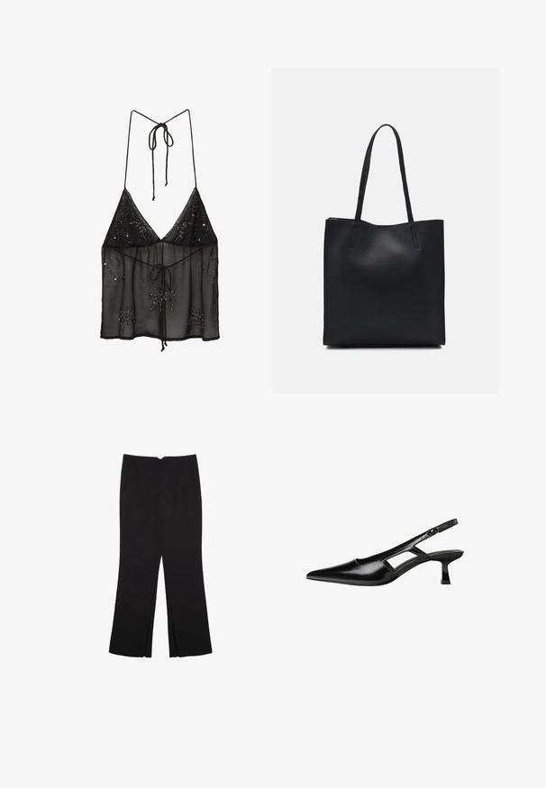 Czarna przezroczysta kamizelka na ramiączkach typu spaghetti, ozdobiona koralikowymi akcentami w kwiatowe wzory i z zapięciem na sznurki z przodu. Lekki i teksturowany materiał.; Czarne spodnie o prostym kroju, z przednimi kieszeniami i bocznymi rozcięciami na dole. Wykonane z miękkiego, gładkiego materiału. Odpowiednie na różne okazje.; Czarne lakierowane czółenka na odkrytej pięcie z wąskim noskiem, z wykrojem po bokach i małym kwadratowym obcasem. Gładka faktura z minimalnymi akcentami.; Czarna skórzana torba tote o gładkiej fakturze, prostokątnym kształcie i dwóch długich uchwytach. Brak widocznych elementów metalowych i ozdób.