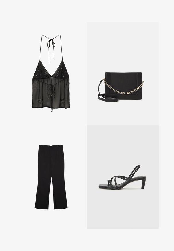 Camisola nera trasparente con spalline sottili, decorata con applicazioni di perline floreali e chiusura a fiocco frontale. Tessuto leggero e strutturato.; Pantaloni neri a gamba dritta, con tasche frontali e spacchi laterali all'orlo. Realizzati in tessuto morbido e liscio. Adatti a diverse occasioni.; Sandalo nero con cinturini, dalla punta squadrata e tacco basso a blocco. Presenta diversi cinturini sottili e una cinturini regolabile alla caviglia. Realizzato in pelle liscia.; Borsa a tracolla nera in pelle con una texture liscia, forma rettangolare e dettaglio in catena metallica sul davanti. Inclusa una tracolla regolabile.