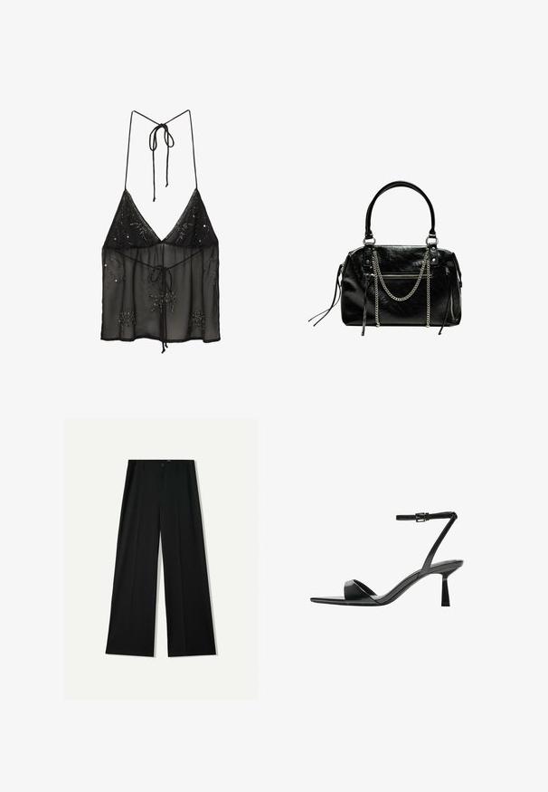 Zwarte doorschijnende cami-top met spaghettibandjes, voorzien van bloemen beadwork-accenten en een sluiting met een voorstrik. Licht en gestructureerde stof.; Bershka WIDE - Broek - black; Bershka Sandalen met hoge hak - black; Bershka WITH CHAIN - Handtas - black