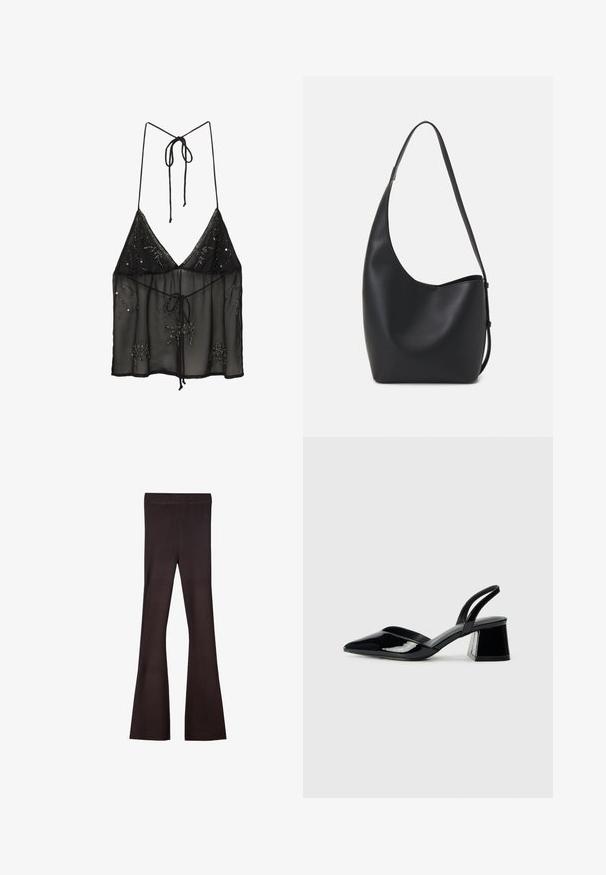 Camisola nera trasparente con spalline sottili, decorata con applicazioni di perline floreali e chiusura a fiocco frontale. Tessuto leggero e strutturato.; Bershka Pantaloni - dark brown; Décolleté in vernice nera con punta affusolata e tacco in geometria cubica. Presentano un design elegante e minimalista, con una texture liscia.; Borsa hobo nera in pelle con una superficie liscia, forma curvata e una singola tracolla regolabile; presenta un'ampia apertura nella parte superiore.