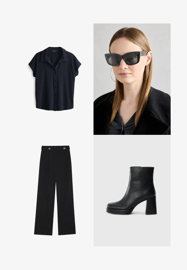 Blusa blu navy a maniche corte, con chiusura a bottoni sul davanti, in tessuto morbido, vestibilità comoda, con un colletto grande e una leggera texture.; Pantaloni neri a gamba larga con vita alta, dettagli con bottoni in vita e pieghe frontali.; Stivale alla caviglia in pelle nera con tacco a blocco e suola platform, visto di lato su uno sfondo bianco uniforme.; Occhiali da sole a forma di occhio di gatto neri con lenti scure, montatura spessa e dettagli sottili. Indossati con un cappotto nero e una maglia grigia, con capelli lunghi e lisci.