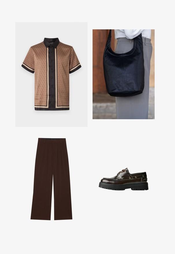 Brązowa krótko rękawowa koszula z czarnym kołnierzykiem, zapinana na guziki, z geometrycznym wzorem w okręgi oraz czarno-beżowymi paskami na rękawach i przedniej części.; Brązowe spodnie szerokie z plisami. Wykonane z gładkiego materiału, z dopasowanym pasem i kieszeniami bocznymi. Prosty zakład na dole.; Brązowe skórzane buty żeglarskie z gumową podeszwą, z detalami w postaci przeszyć, metalowymi oczkami oraz sznurowanym designem. Masywna, lekka konstrukcja.; Czarna skórzana torba na ramię o miękkiej, gładkiej fakturze, z zaokrąglonym wierzchem i owalną podstawą, zaprezentowana obok jasnych spodni.