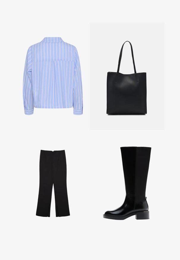 Ljust blå skjorta med vertikala vita och rosa ränder, en krage och långa ärmar, med en bakveck och knäppta manschetter.; Svarta byxor med rak passform, utrustade med framfickor och sidoklyvningar vid fållen. Tillverkade av mjukt, slätt tyg. Lämpliga för olika tillfällen.; Svart knähög stövel med slät läderfinish, framträdande sömmar, klumpig klack och en texturerad bakpanel för extra detalj.; Svart lädertoffelväska med slät textur, rektangulär form och två långa handtag. Ingen synlig hårdvara eller dekorationer.