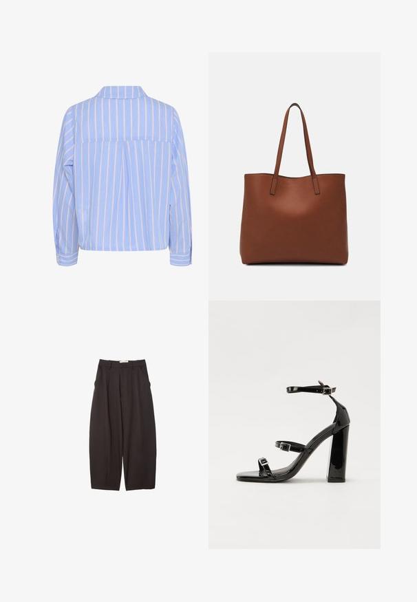 Svetlo modra srajca z navpičnimi belimi in roza črtami, ovratnikom in dolgimi rokavi, ki ima zadnji pregib in gumbaste manšete.; Črne široke hlače iz gladkega materiala, z visokim pasom, zgornjimi pregibi in stranskimi žepi. Preprost dizajn brez okrasnih elementov.; Črne lakaste sandale z visokimi petami, z dvema trakovoma z zaponkama, kvadratnim sprednjim delom in masivno širšo peto, z gladko, sijočo teksturo.; Rjava usnjena torba z gladko teksturo, odprto zasnovo zgoraj in dvema naramnima trakovoma. Opremljena je z minimalnim šivanjem in brez vidnih kovinskih delov.
