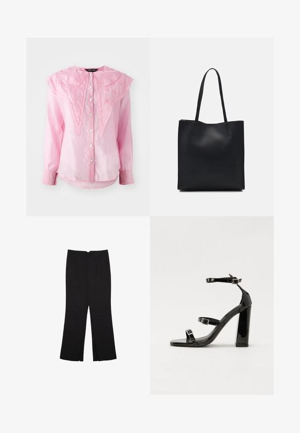 Roza satenasta srajca z velikim valovitim ovratnikom, zapenjanjem spredaj in cvetličnimi vezeninami. Dolgi rokavi z valovitimi manšeti.; Črne hlače ravnega kroja z naglavnimi žepi in stranskimi razporki na robu. Narejene iz mehke, gladke tkanine. Primerne za različne priložnosti.; Črne lakirane sandale s peto, kvadratnim prstom, trakovi okrog gležnja in srebrnimi zaponkami. Opremljene so s stabilno Debelo peto.; Črna usnjena torba s svilnato teksturo, pravokotne oblike in dvema dolgima ročajema. Brez vidnih metalnih delov ali okrasnih elementov.