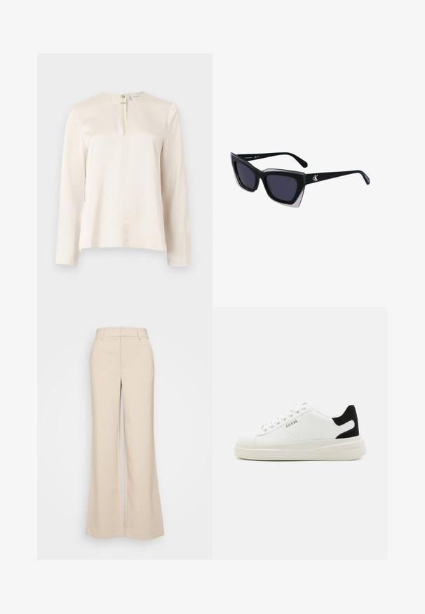 Kremkrāsas blūze ar garām piedurknēm un apaļu dekoltē, ar priekšējo plisēšanas detaļu un slēptu rāvējslēdzēju aizmugurē. Gluda, zīdam līdzīga tekstūra.; Beigā krāsā platās bikses ar gludu tekstūru, ar augstu jostasvietu un divām priekšējām kabatām. Tīrs dizains ar piegriezumu, kas pielāgots ķermenim.; Baltas ādas sporta apavi ar biezu balto zoli, melna zamša uzpura un izspiestais logotips sānos. Šņorējuma dizains ar sešiem acu caurumiem.; Melni pārmēru saulesbrilles ar ģeometrisku formu, kas aprīkotas ar tumšiem stikliem un kontrastējošu pelēku akcentu uz rāmja. Logo uz kājas.