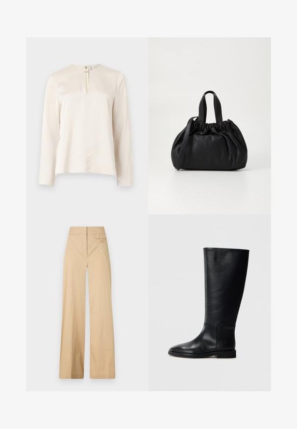 Kremasta bluzica dugih rukava s okruglim dekolteom, detaljem nabora sprijeda i skrivenim zatvaranjem s patentnim zatvaračem straga. Glatka svilenkasta tekstura.; Bež hlače širokih nogavica napravljene od mješavine pamuka. Imaju glatku teksturu, elastičnu elastiku u struku i detalj gumba sa strane.; Crne kožne čizme do koljena s zaobljenim vrhom, glatkom teksturom, minimalističkim dizajnom i ravnim đonom. Jednostavni šavovi na vertikalnom dijelu.; Crna kožna torba s nabranim dizajnom na vrhu, s dva kratka ručka i dugim podesivim remenom. Glatka tekstura, zaobljen oblik.