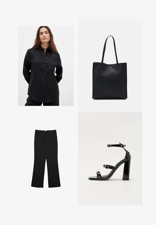 Svart skjorta med knappar gjord av ett texturerat tyg. Har en krage, långa ärmar och en liten bröstficka. Enkel design med en avslappnad passform.; Svarta byxor med rak passform, utrustade med framfickor och sidoklyvningar vid fållen. Tillverkade av mjukt, slätt tyg. Lämpliga för olika tillfällen.; Svarta lackerade högklackade sandaler med två spännband, fyrkantig tå och en tjock klack, med en slät och glansig yta.; Svart lädertoffelväska med slät textur, rektangulär form och två långa handtag. Ingen synlig hårdvara eller dekorationer.
