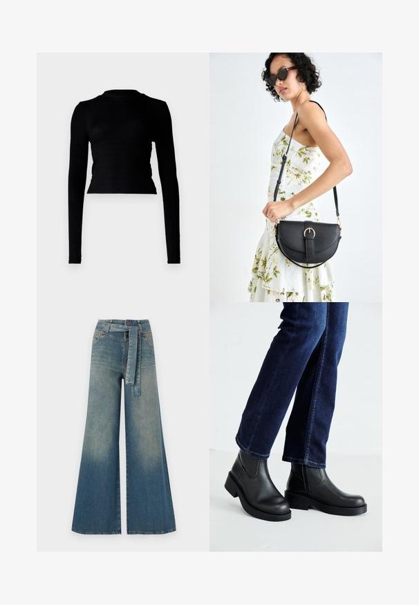 Fekete hosszú ujjú crop top bordázott textúrával, magas nyakkivágással és testéhez simuló kivitelben. Minimalista stílus, látható minták vagy díszítések nélkül.; Bőszárú farmernadrág, világos és sötétkék árnyalatokkal, magas derekú, övgyűrűkkel és a nadrággal megegyező anyagú övvel. Textúrált farmer kivitel.; Fekete bőr bokacsizma vastag talppal és oldalán elnyújtott elasztikus betétekkel, sötétkék farmerral párosítva. A talaj világos színű.; Fekete bőrtáska ívelt formával, levehető pánttal és arany színű fémrészekkel. A táskán egy csattal díszített fedél található.