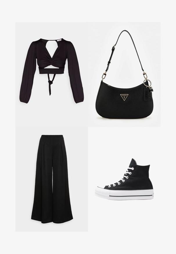 Fekete, rövidített felső hosszú puffos ujjakkal, csavart elülső részlettel és nyitott hátrésszel. Deréknál megkötő és sima, rugalmas anyaggal rendelkezik.; Széles lábszárú fekete nadrág, puha anyagból készült, elülső redőkkel és magas derékkal, amely biztosítja a könnyed, légies sziluettet.; Fekete vászon magas szárú sneaker, fehér fűzőkkel és gumitalppal. Texturált orr-rész és fekete-fehér csíkos kiegészítők jellemzik.; Fekete szintetikus válltáska ívelt sziluettel, texturált kivitelezéssel, arany háromszög logóval és levehető kiegészítőkkel.