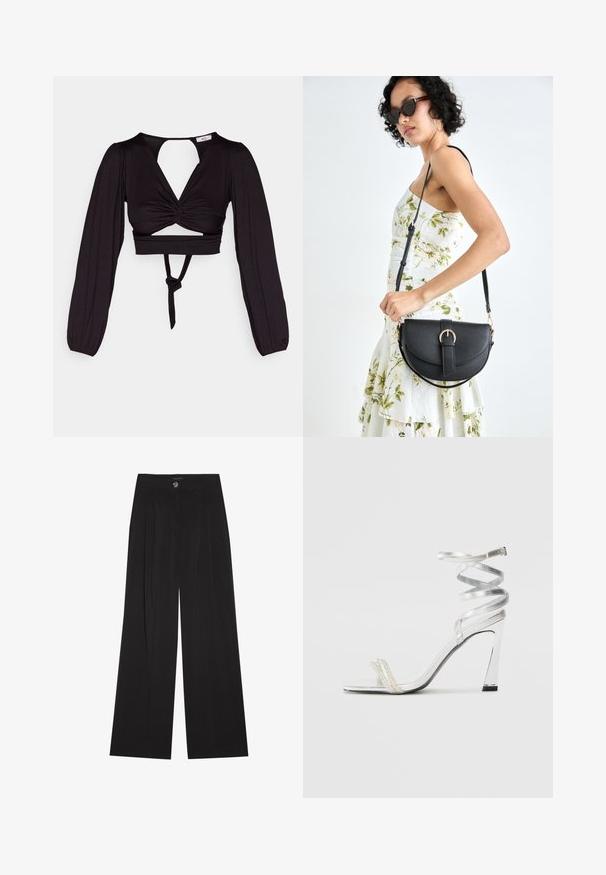 Must have lühike must topp, millel on pikad puhv-sleeved varrukad, keeratud esikujundus ja avatud selg. Sisaldab sidet taljes ja sujuvat, venivat kangast.; Mustad laiad püksid voldikuga, millel on nööpkinni ja kaks küljetaskut; sile tekstuur ja kohandatud disain.; Hõbedased kõrge kontsaga sandaalid läikiva rihma disainiga, millel on pärlilaadne aktsent ja keerduv pahkluu rihm turvaliseks sobivuseks.; Mustmust mustraha kõverate joontega, eemaldatava rihmaga ja kuldsete detailidega. Kotil on klapp, millel on pandladetail.