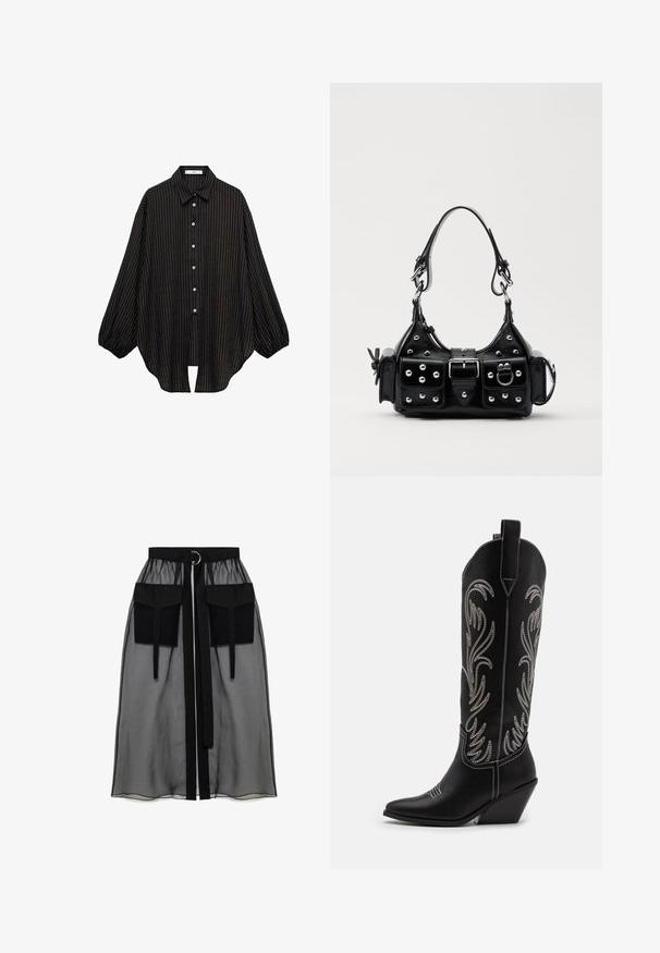 Schwarz gestreiftes Hemd mit Kragen, Knopfleiste und lockeren Ärmeln. Es hat dünne vertikale Linien und eine lockere Silhouette.; Schwarzer transparenter Rock mit einem gerafften Taillenbund, der zwei große Fronttaschen, einen Taillenkordel und ein kreisförmiges Metallakzent aufweist.; Schwarze Leder-Cowboy-Stiefel mit spitzen Zehen, Keilabsätzen und silbernen, gestickten Blumenmustern entlang des Schafts. Kontrastnähte über das gesamte Design.; Schwarze Lederhandtasche mit einem geschwungenen Design, verziert mit silbernen Nieten, einer Schnalle und zwei seitlichen Taschen. Verstellbarer Träger für verschiedene Tragemöglichkeiten.