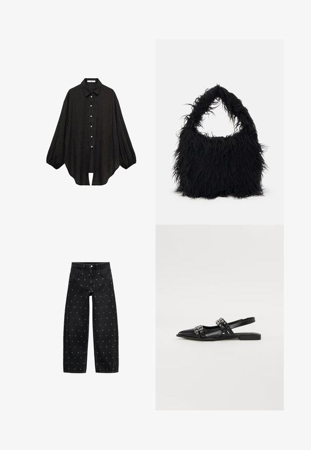 Schwarz gestreiftes Hemd mit Kragen, Knopfleiste und lockeren Ärmeln. Es hat dünne vertikale Linien und eine lockere Silhouette.; Schwarze Jeans mit weitem Bein aus Denim, verziert mit einem Muster aus kleinen silbernen Ösen, klassischem Fünf-Taschen-Design und Knopfverschluss vorne.; Even&Odd Klassischer Ballerina - black; Even&Odd Shopping Bag - black