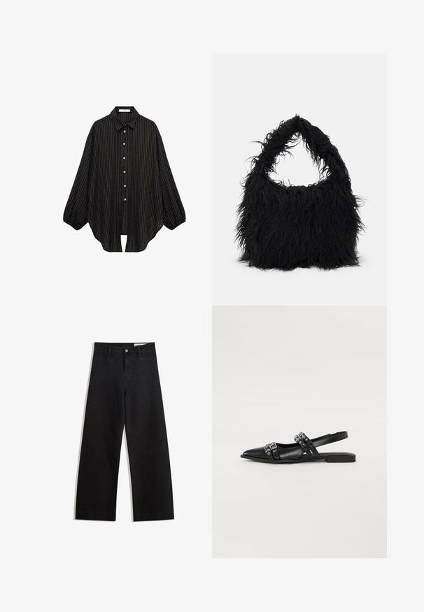 Zwart gestreept shirt met een kraag, knoopsluiting aan de voorkant en luchtige mouwen. Heeft dunne verticale lijnen en een losse pasvorm.; Zwarte denim broek met wijde pijpen en een hoge taille, voorzien van voor- en achterzakken, gestikte naden en een knoopsluiting. Gladde textuur.; Even&Odd Ballerina's - black; Even&Odd Shopper - black