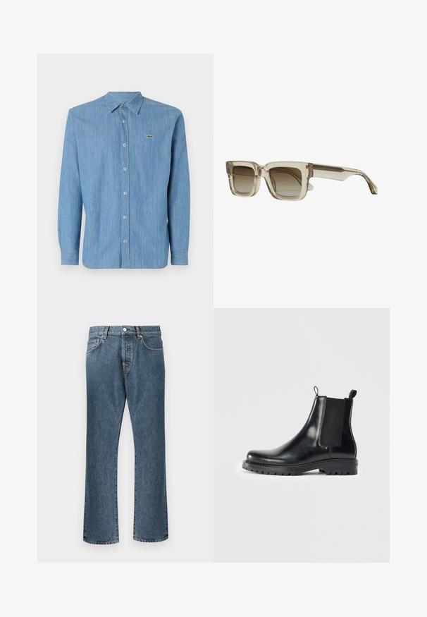 Camicia di denim azzurro chiaro con colletto a punta, maniche lunghe e un piccolo logo ricamato sul lato sinistro del petto. Presenta una chiusura frontale con bottoni.; Jeans in denim blu con design a gamba dritta, dotati di chiusura classica con bottone e zip, cinque tasche e una leggera scoloritura.; Stivali Chelsea in pelle nera con pannelli elastici laterali, una linguetta per una facile indossatura e una suola in gomma resistente con una presa texturizzata.; Occhiali da sole quadrati con montatura beige chiara e lenti marroni sfumate. Le stanghette sono eleganti e presentano un dettaglio di design sottile.